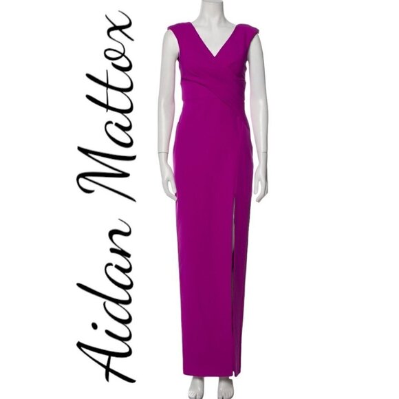 NWT AIDAN MATTOX Draped Sheath Evening Gown Fuchsia Magenta V-Neck, Size 2 - Picture 5 of 14